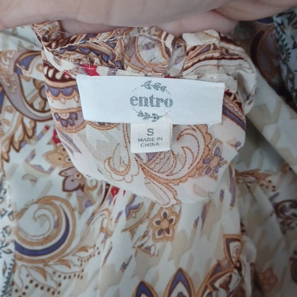 Entro Boho Paisley Print Cream/Tan Puff Sleeve Dress/Tunic S, 21